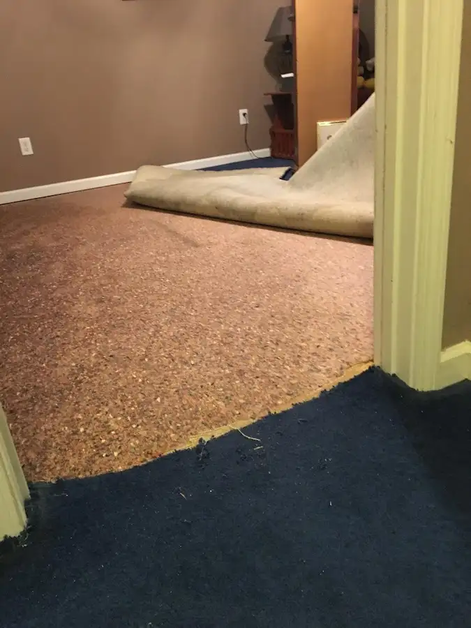 Carpet pad removal revealing water damage during Drying & Dehumidification in Lumberton